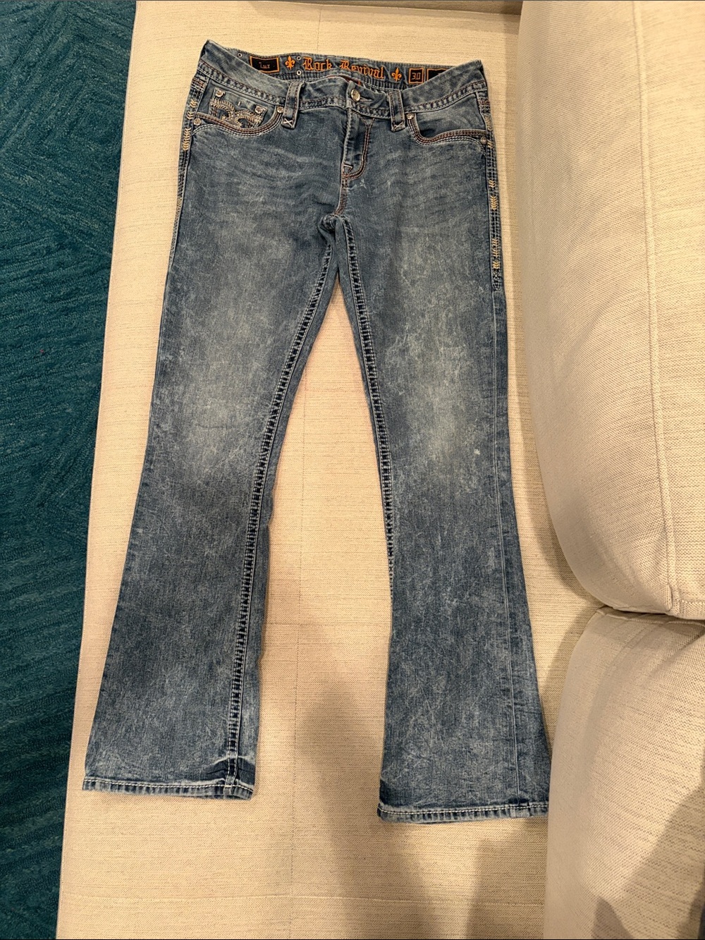 Rock Revival “LUZ” Distressed Boot Cut Light Blue Flare Jeans - Picture 5 of 7